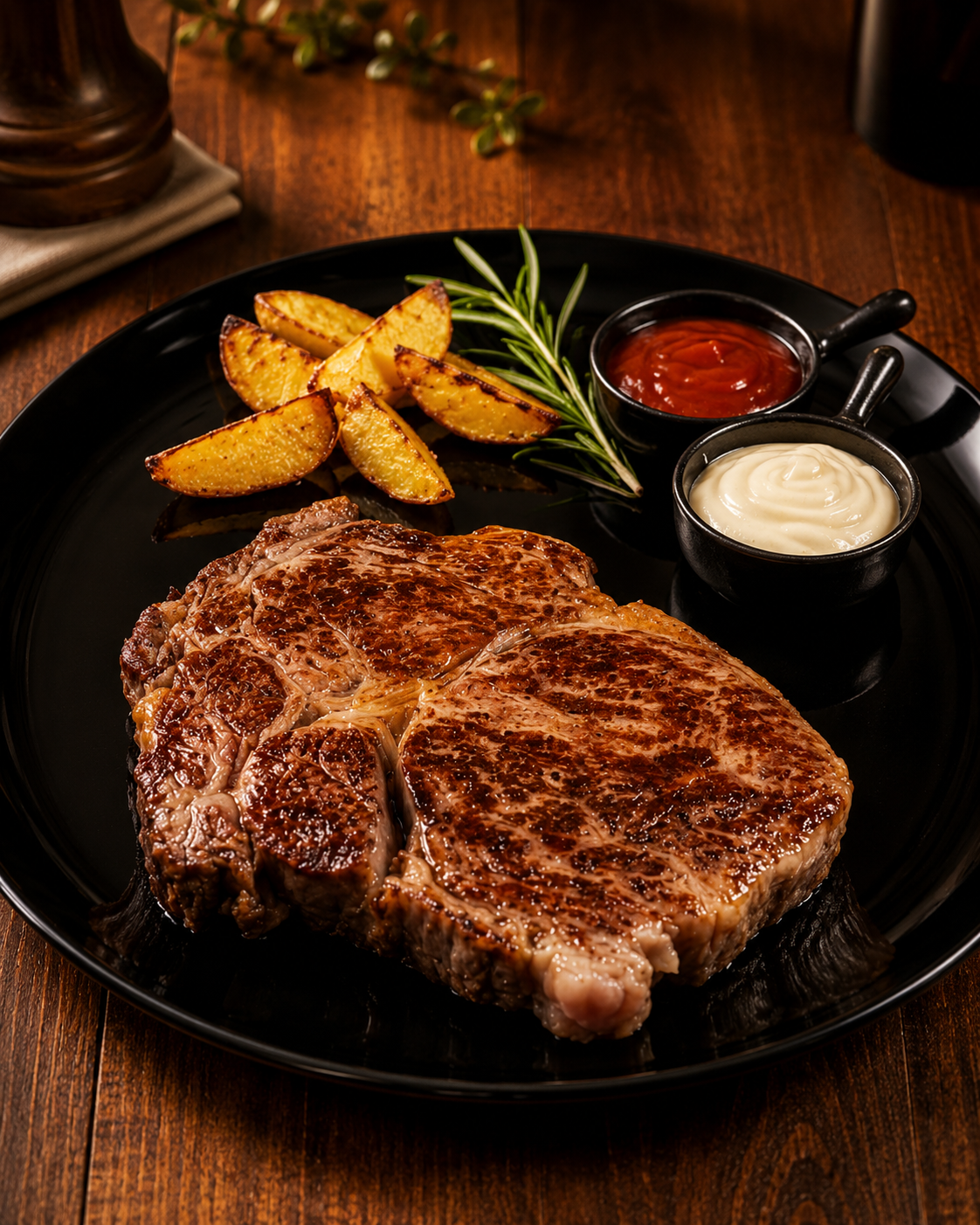 Entrecote con contorni e salse varie